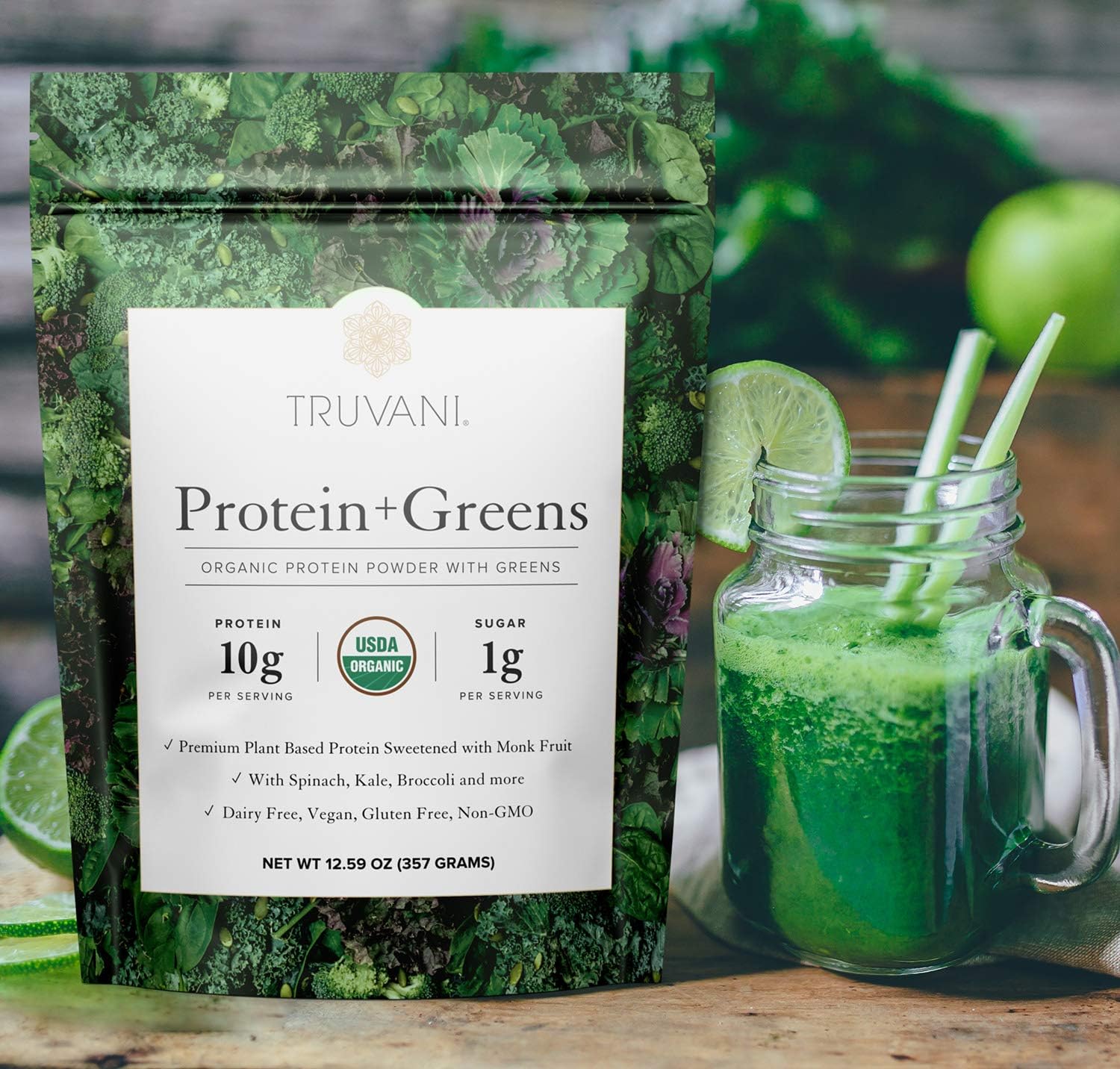 Truvani Protein + Greens | Organic, Non-GMO, Vegan, Gluten Free, Dairy Free | Daily Greens Combined with Protein | Great Taste with a Splash of Sweetness Pack of 2