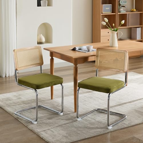 Mid-Century Modern Velvet Accent Dining Chairs Set of 2 - Natural Cane Rattan Back with Stainless Chrome Cantilever Base, Upholstered for Ultimate Comfort in Your Kitchen or Dining Room (Olive Green)