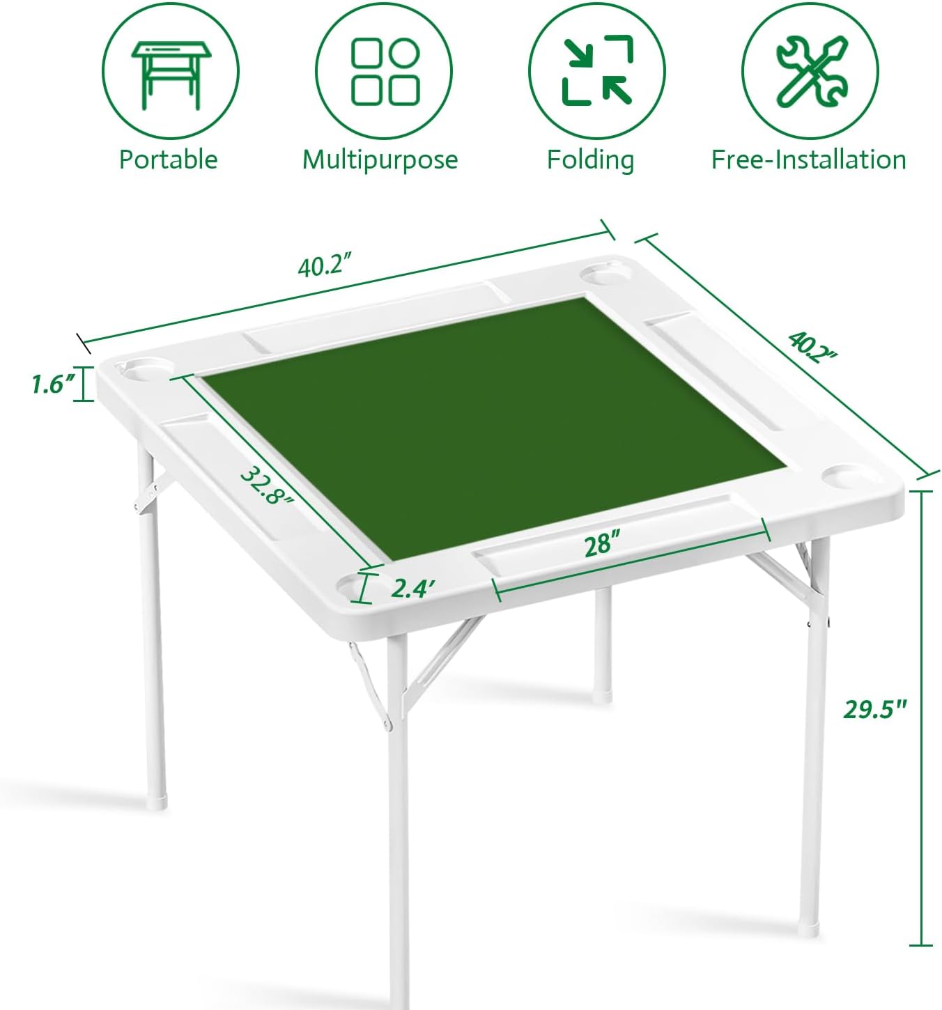40.2’’ Mahjong Table - Square 4-Player Mahjong Table Foldable with Cup Holders and Trays, Update and Widen Folding Card Game Table with Green Cover Mat for Poker Domino Puzzle