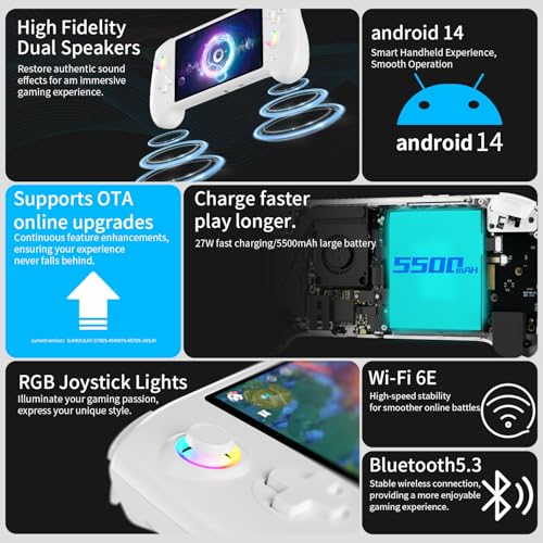 RG557 Handheld Retro Gaming Console 33 Emulators 42K+ Preloaded Games 5.48” AMOLED Display Android 14 8K TV Output Portable Video Game Console for Kids & Adults (White 512G)