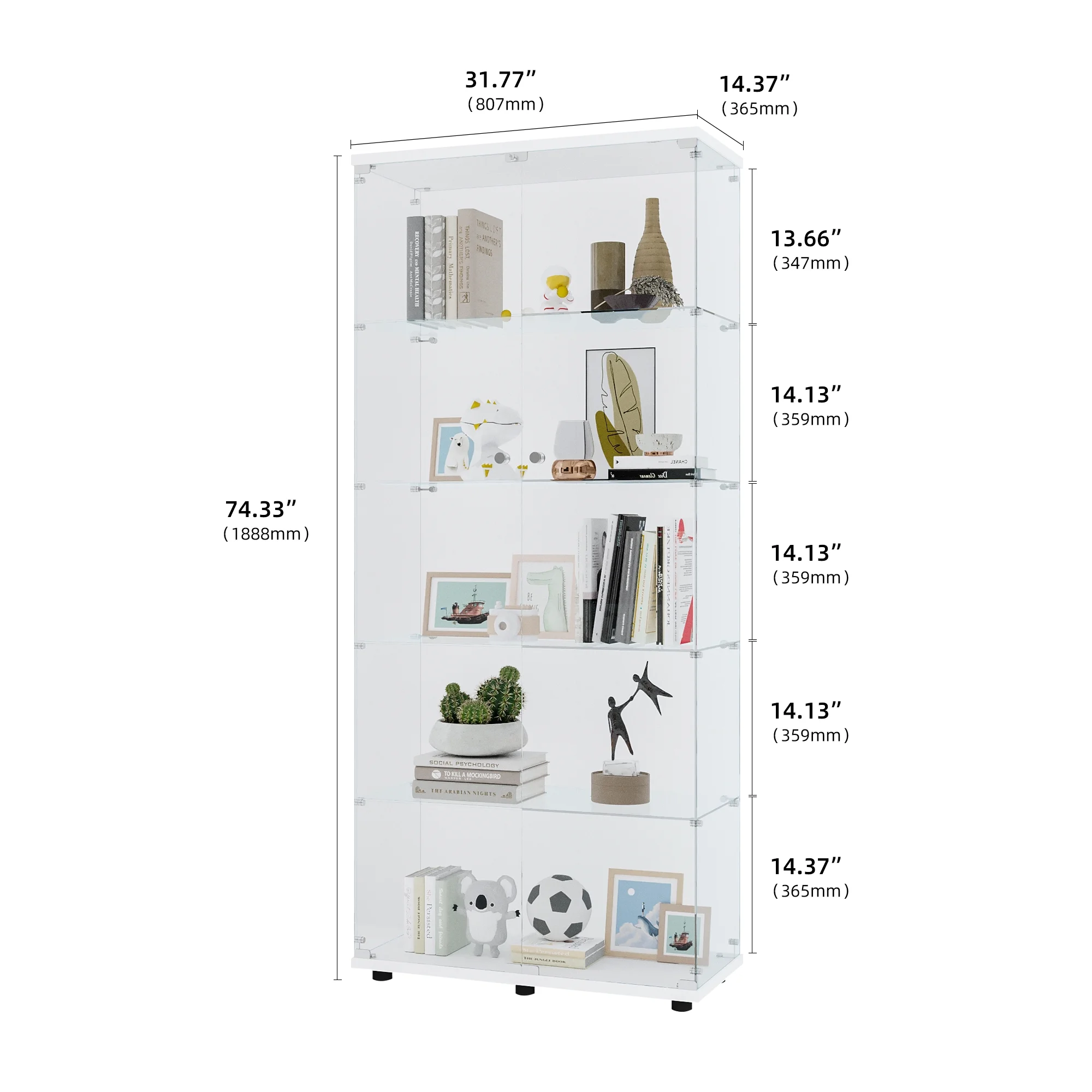 5-Shelf Glass Display Cabinet, Display Cabinet with Two Door, Fast Installation, Floor Standing Curio Cabinets Bookshelf Display Case for Living Room Bedroom, Trophy Case with Handle&Lock, White