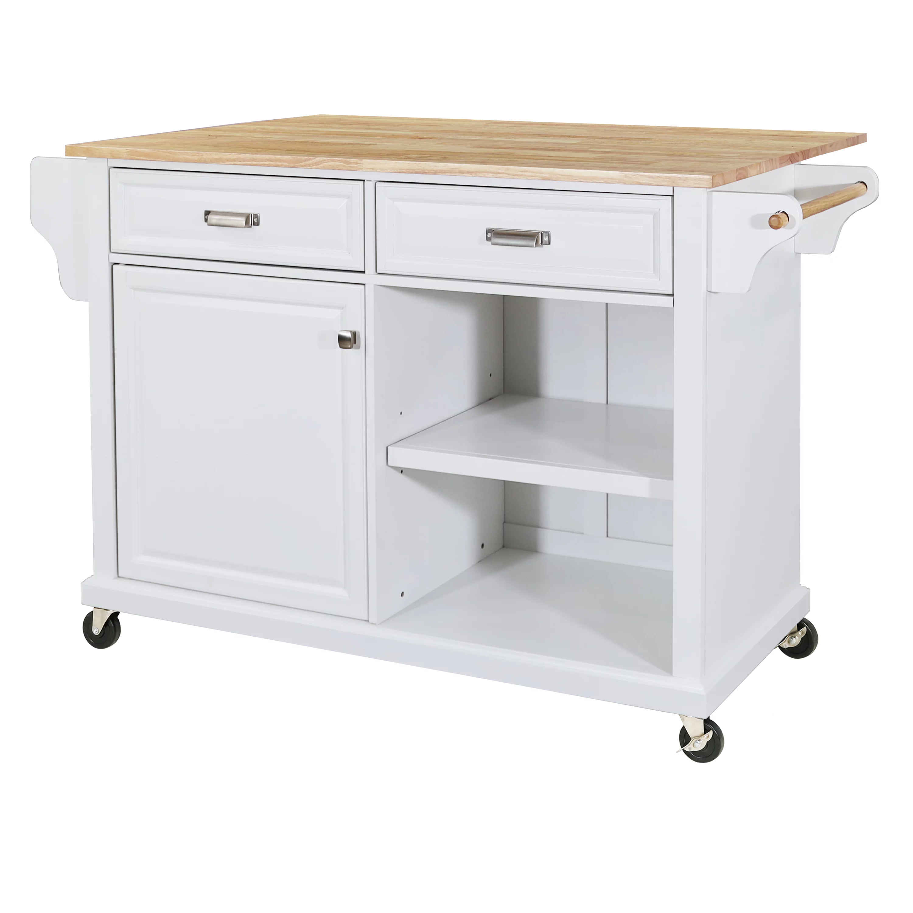 Multi-Functional Storage Island Cart with Rubberwood Countertop and Drop-Leaf, Greenguard Gold Certified, Kitchen Island on Wheels with Large Storage Cabinet,2 Drawers,Spice Rack,Towel Holder, White