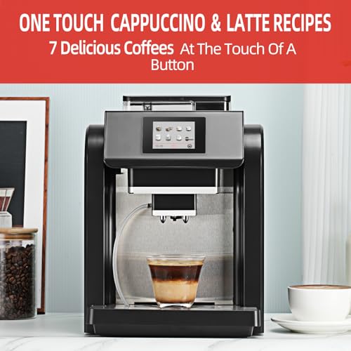 Mcilpoog ES317 Fully Automatic Espresso Machine，Milk Frother,Built-in Grinder，Intuitive Touch Display ，7 Coffee Varieties for Home, Office,and more