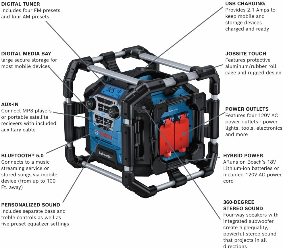 BOSCH GPB18V-5CN 18V Jobsite Radio with Bluetooth® 5.0 and Power Station , Black