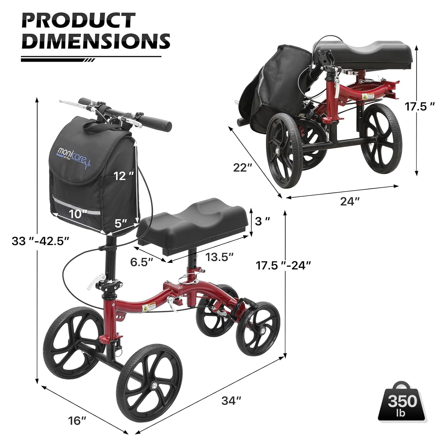 Knee Walker Compact All Terrain 10'' Front Wheels Adjustable Height Knee Scooter with Dual Braking System and Removable Storage for Ankle and Foot Injured, 350lbs Load Capacity, Red