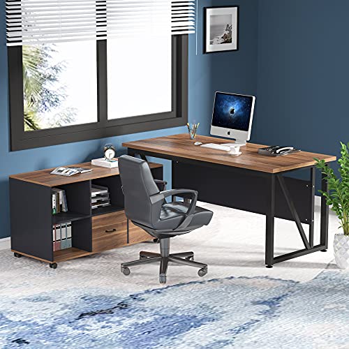 Tribesigns 63 inches Executive Desk and 47" lateral File Cabinet, L-Shaped Computer Desk Home Office Furniture Set with Drawers and Storage Shelves, Office Table with Cabinet (walnut+White, 63)