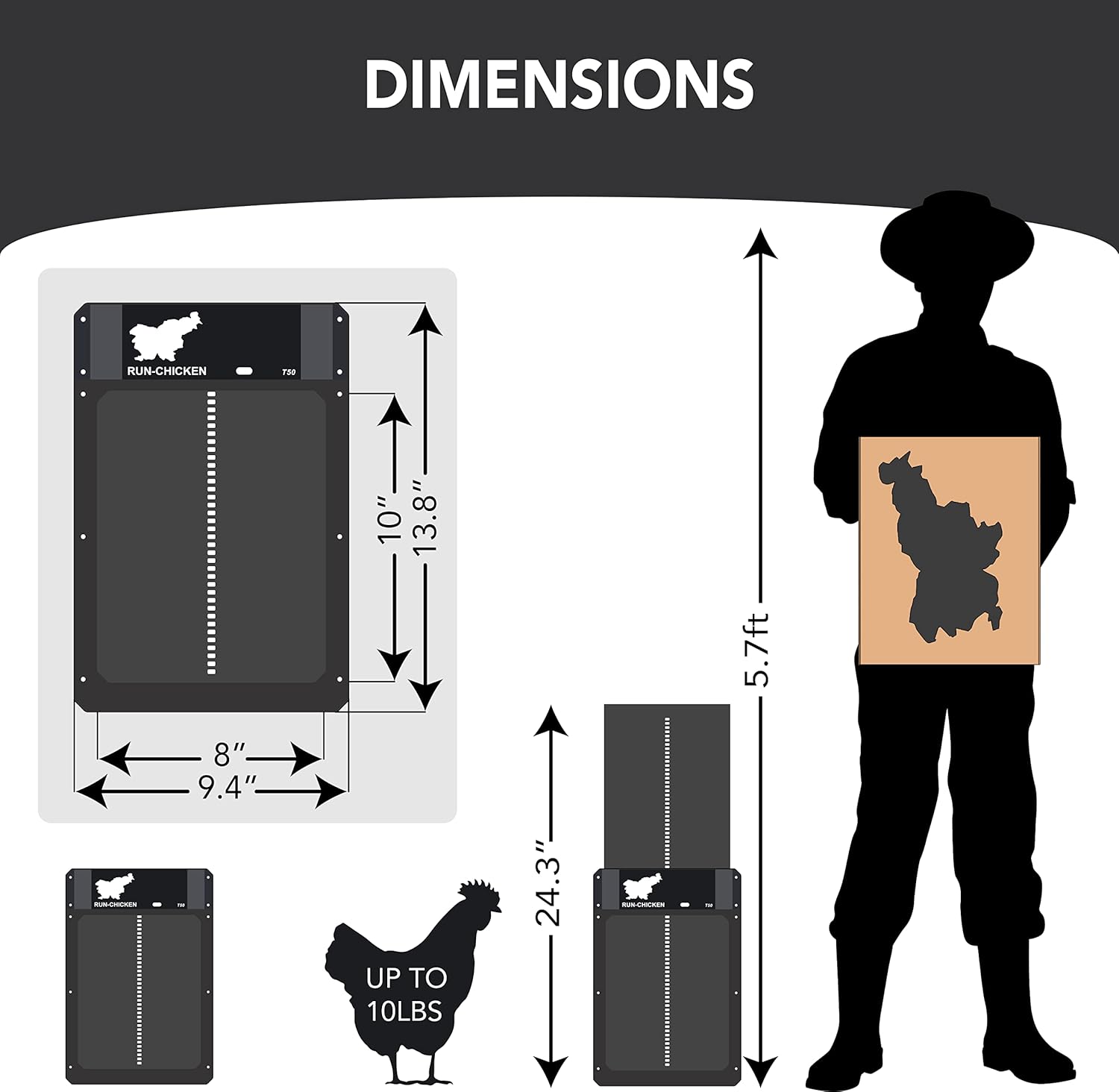 RUN-CHICKEN Door (Gray) Automatic Chicken Coop Door, Programmable with App, Battery Operated, Evening and Morning Delay, Aluminum Door, Electric Chicken Run Door, Model T50