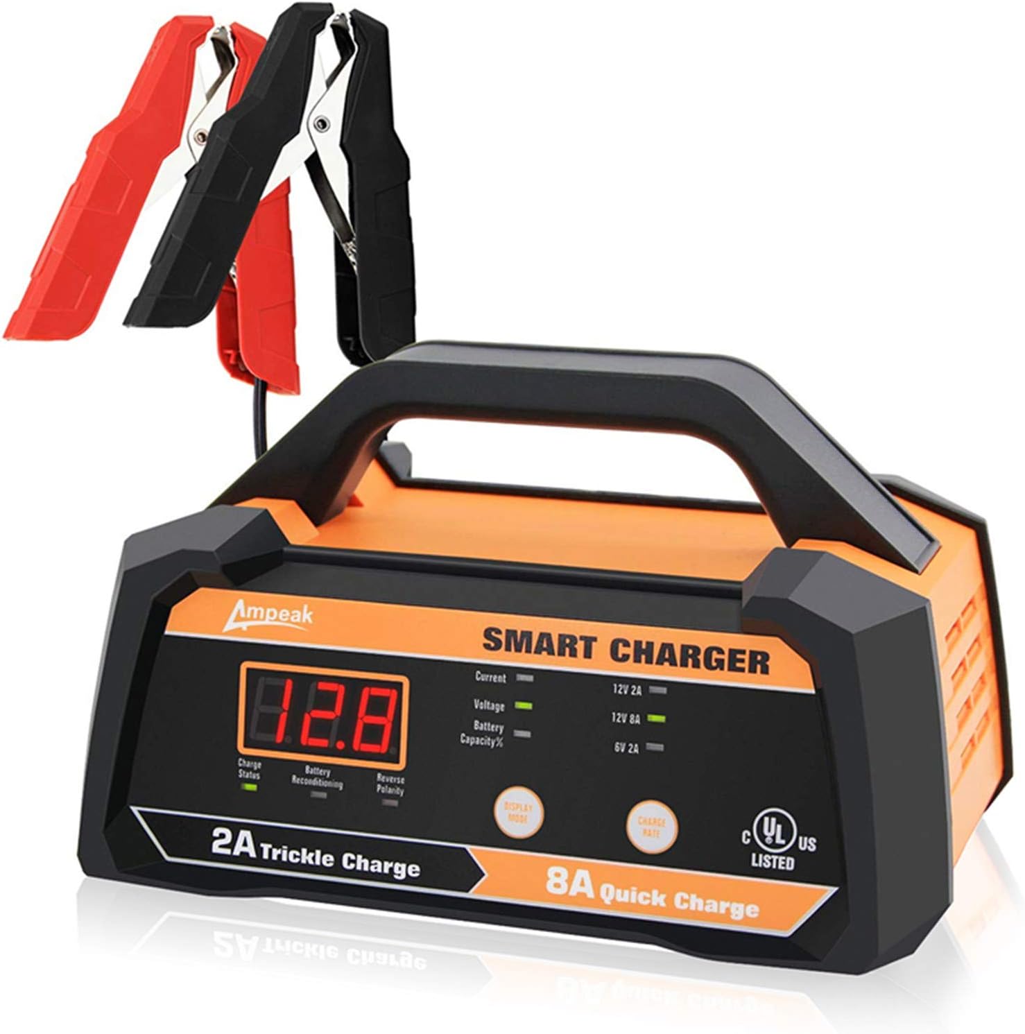 Ampeak 6V 12V Smart Car Battery Charger and Maintainer 2A 8A Fully Automatic with Cable Clamps