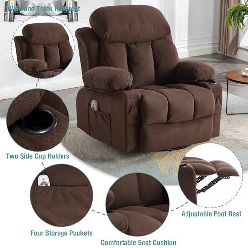 Massage Recliner Chair, Swivel and Rocking Recliner with Heat and Vibration, Breathable Fabric Ergonomic Single Sofa Chair for Living Room with Cup Holders, Side Pockets and USB