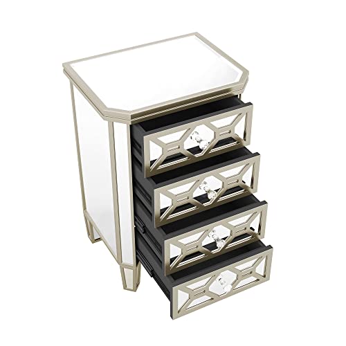 4-Drawer Chest Mirrored Bedroom Chests with Golden Lines, Crystal-Shape Knob, Glass Luster Tall Storage Cabinet for Bedroom Living Room, Entryway, Porch (Silver)