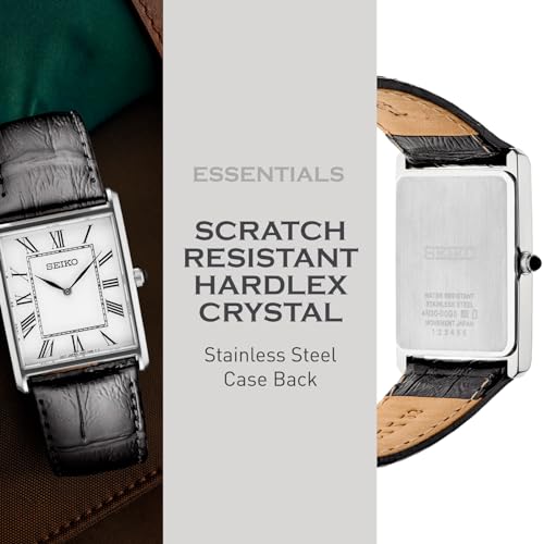 SEIKO Essentials Watch for Men - Essentials - Water Resistant with Stainless Steel Rectangular Case and Leather Strap