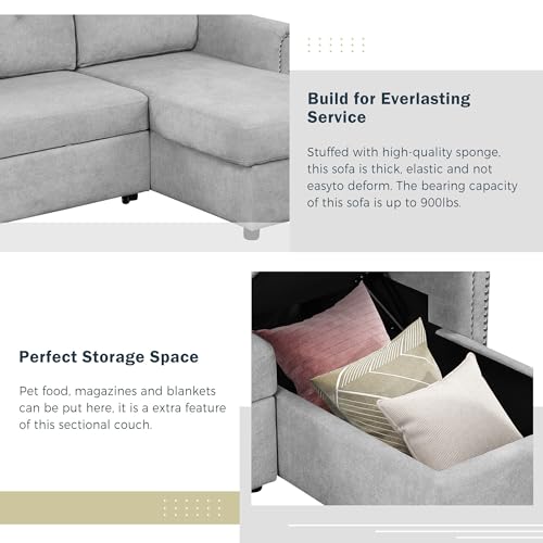 L Shaped Convertible Sleeper Sectional Sofa w/Storage Chaise Lounge & Pull-out Bed, Velvet Upholstered Couch with Nail-head Trim for Living Room, Home, Apartment, Gray