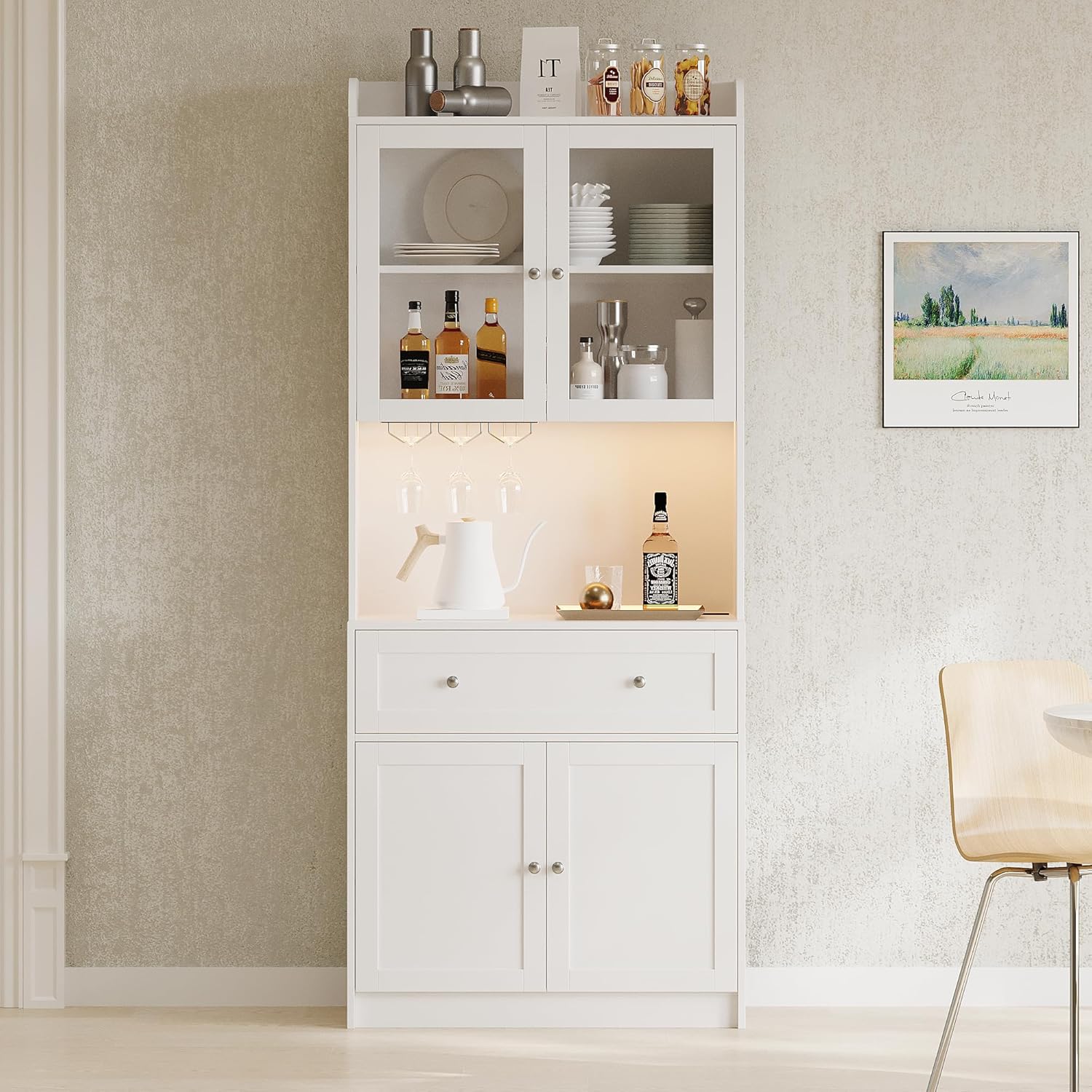 75.2" Pantry Cabinet Kitchen Cabinet with Buffet Cupboard, Kitchen Pantry Storage Cabinet with LED Lights Charging Station, Tall Food Pantry Hutch Organizer,Wood Buffet Sideboard, Buffet Cabinet