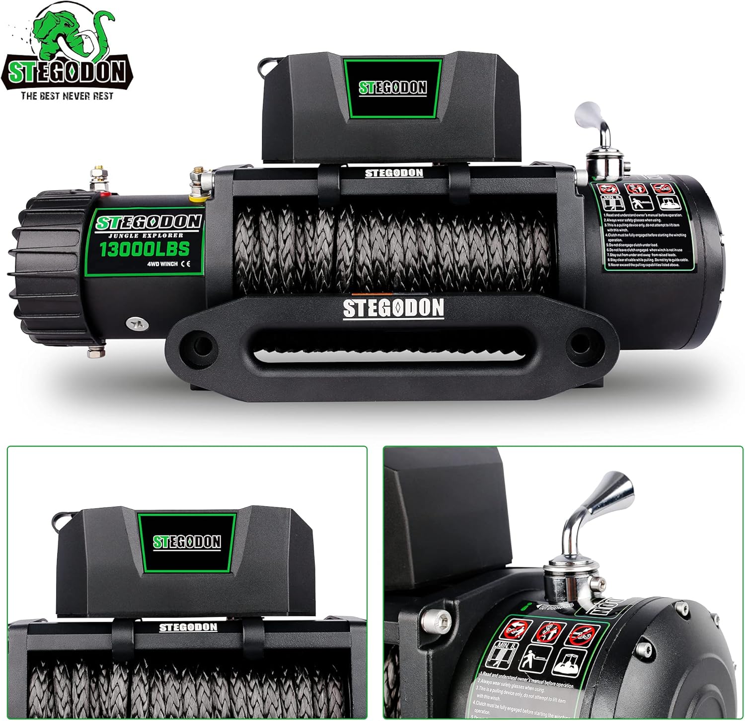 STEGODON New 13000 lb. Load Capacity Electric Winch T3,12V Synthetic Rope Electric Winch with Hawse Fairlead,Waterproof IP67 Winch with Wireless Handheld Remotes and Wired Handle(All Black)