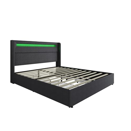 Queen LED Bed Frame with Wingback Headboard, Upholstered Platform Bed with 4 Storage Drawers & Charging Station, App/Remote Control, Box Spring Optional, Dark Grey…