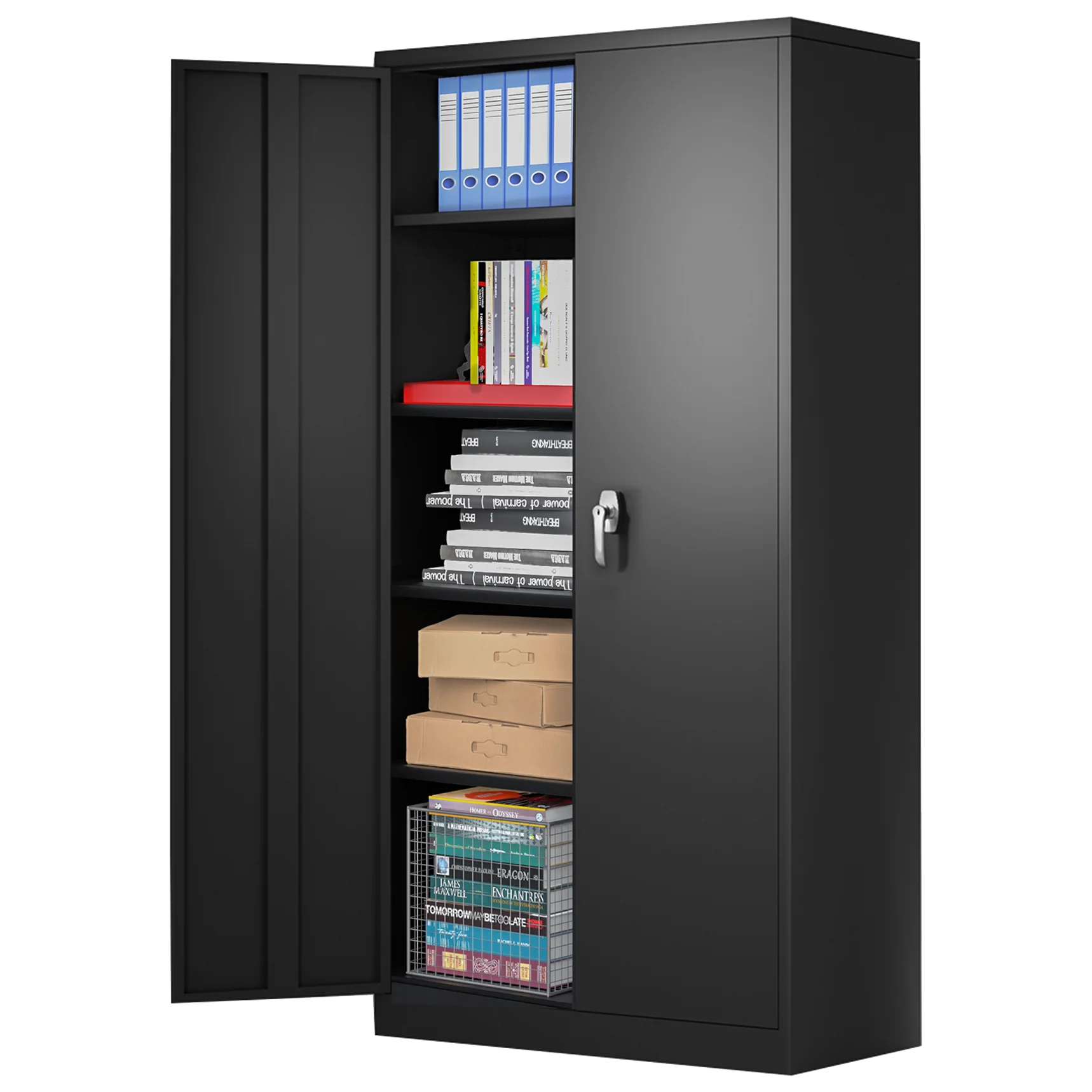 GangMei Industrial Metal Garage Storage Cabinet, Large Space Steel Utility Cabinets with 4 Adjustable Shelves & Locking Doors, Assembly Required（Black, 71 inches Tall ）
