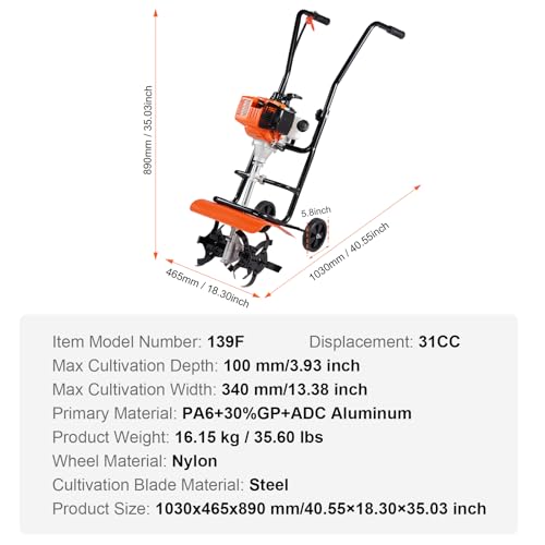VEVOR Tiller Cultivator Gas Powered, 43CC 2-Stroke Garden Cultivator, Tiller with 4 Steel Adjustable Front Tines for Lawn, Garden and Field Soil Cultivation