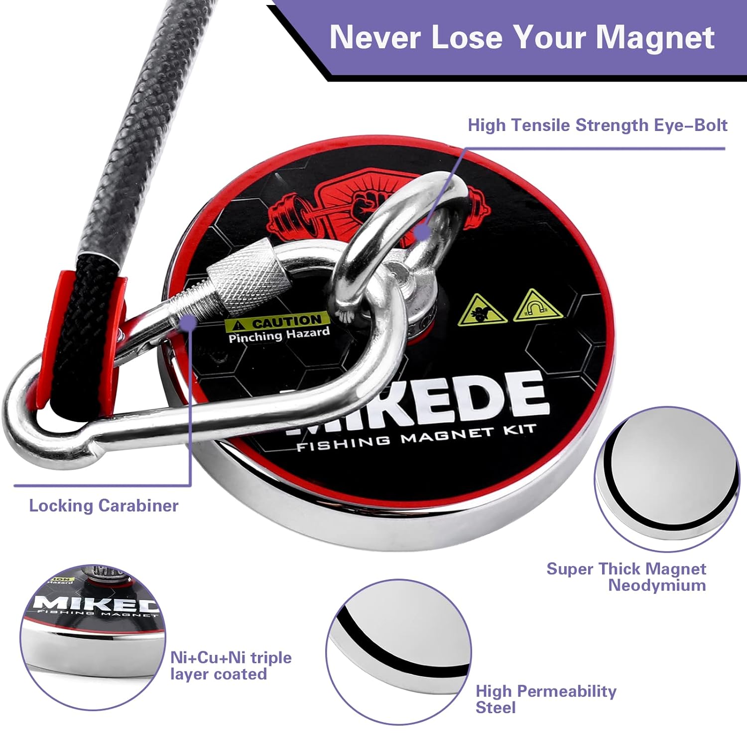 MIKEDE Fishing Magnets, 1080 LBS Pulling Force Strong Magnets Fishing Kit with Heavy Duty Rope Diameter 3.94inch(100mm), Big Neodymium Rare Earth Magnet for Retrieving in River and Magnetic Fishing Pack of 2