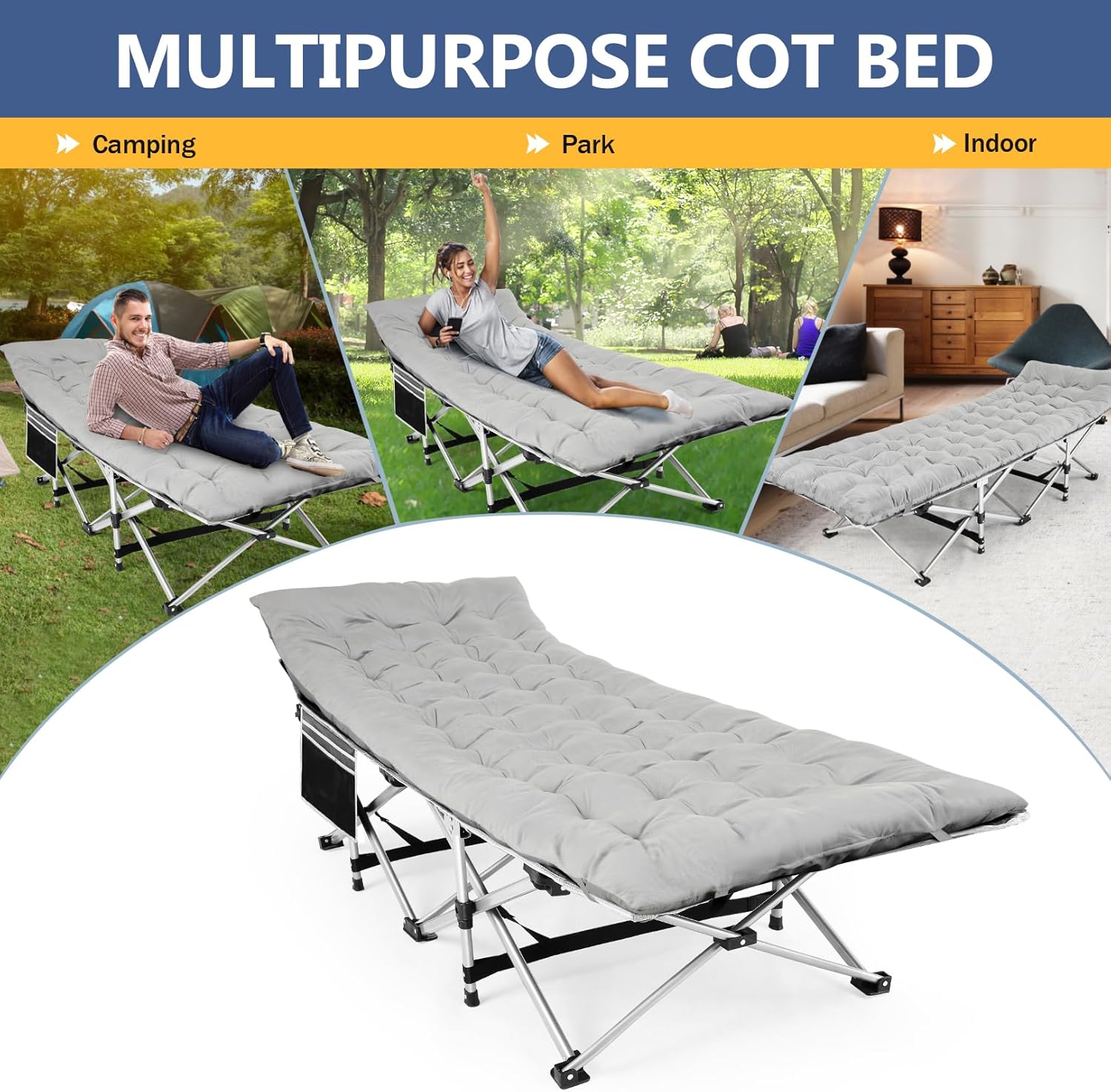 Nictemaw Folding Camping Cot, Portable Camping Cot for Adults, 900LBS Heavy Duty Sleeping Cots with Carry Bag, Double Layer Oxford Portable Travel Camp Cots for Outdoor Home-Upgraded Velvet Pad-Grey
