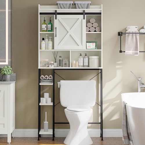 Over The Toilet Storage Cabinet, Farmhouse Storage Cabinet Over Toilet with Sliding Door && Toilet Paper Holder Stand, Home Space-Saving Toilet Rack, for Bathroom Restroom Laundry