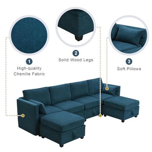 Harper & Bright Designs 109” Sectional Sofa, 6-seat Chenille Modern U-Shaped Reversible Sofa Couch Sets with Storage Seats, Adjustable Armrests and Backrests for Living Room, Apartment, Office (Grey)