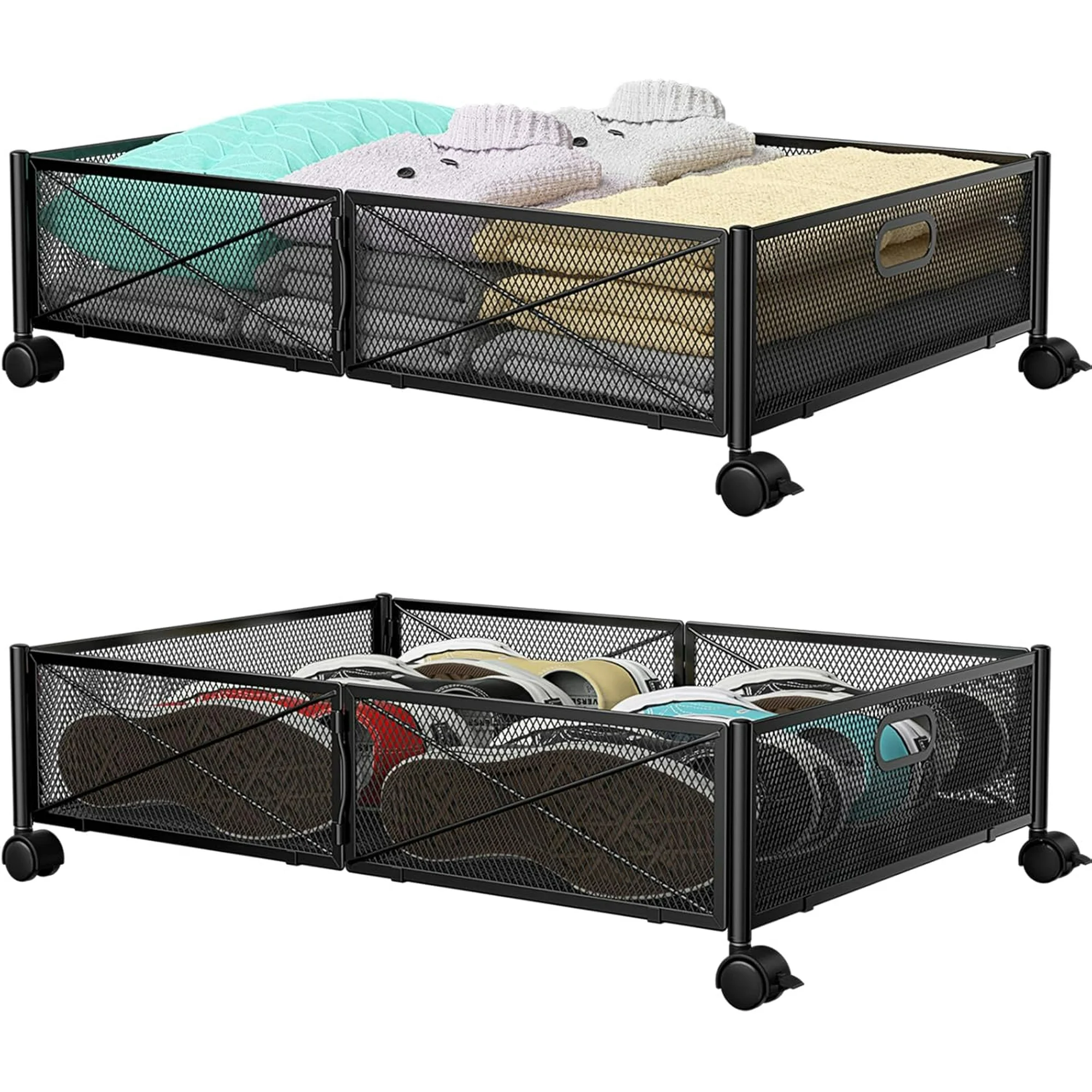 Under Bed Storage Containers with Wheels, Under Bed Shoe Storage Organizer Drawer, Tool-free Assembly Metal Storage Containers for Bedroom Clothes Shoes Blankets -2PCK