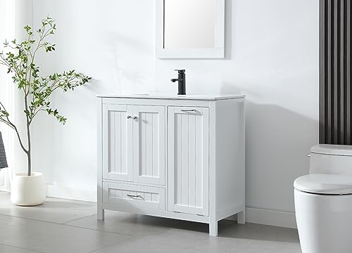 LUCKWIND 36" Bathroom Vanity with Sink Combo Set, Bathroom Cabinet with Laundry Hamper, includes 2 Doors, 1 Drawer and Soft Closing System, (Mirror Not Include), White