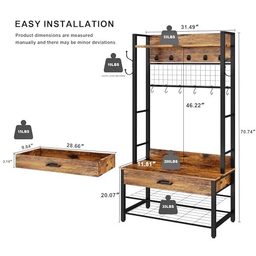 DKLGG Hall Tree with Bench and Shoe Storage for Entryway, 5-in-1 Coat Rack with Shoe Storage, Wood Look Accent Shoe and Coat Rack, Farmhouse Hall Tree with 12 Hooks for Mudroom, Bedroom, Living Room