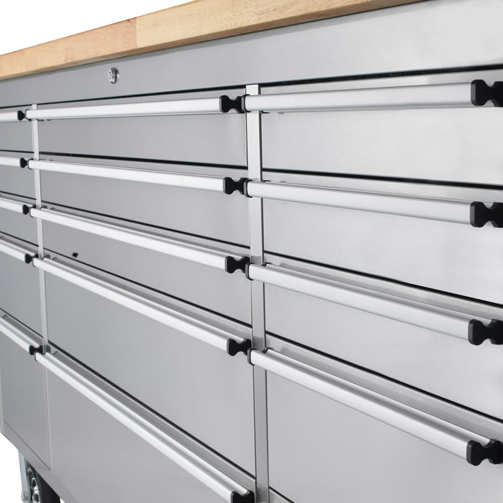 72-inch Stainless Steel Tool Chest with Wheels, 15 Drawers Rolling Storage Tool Cabinet, Heavy Duty Workbench Table with Wood Top, Lock and Liner, for Garage, Warehouse, Workshop