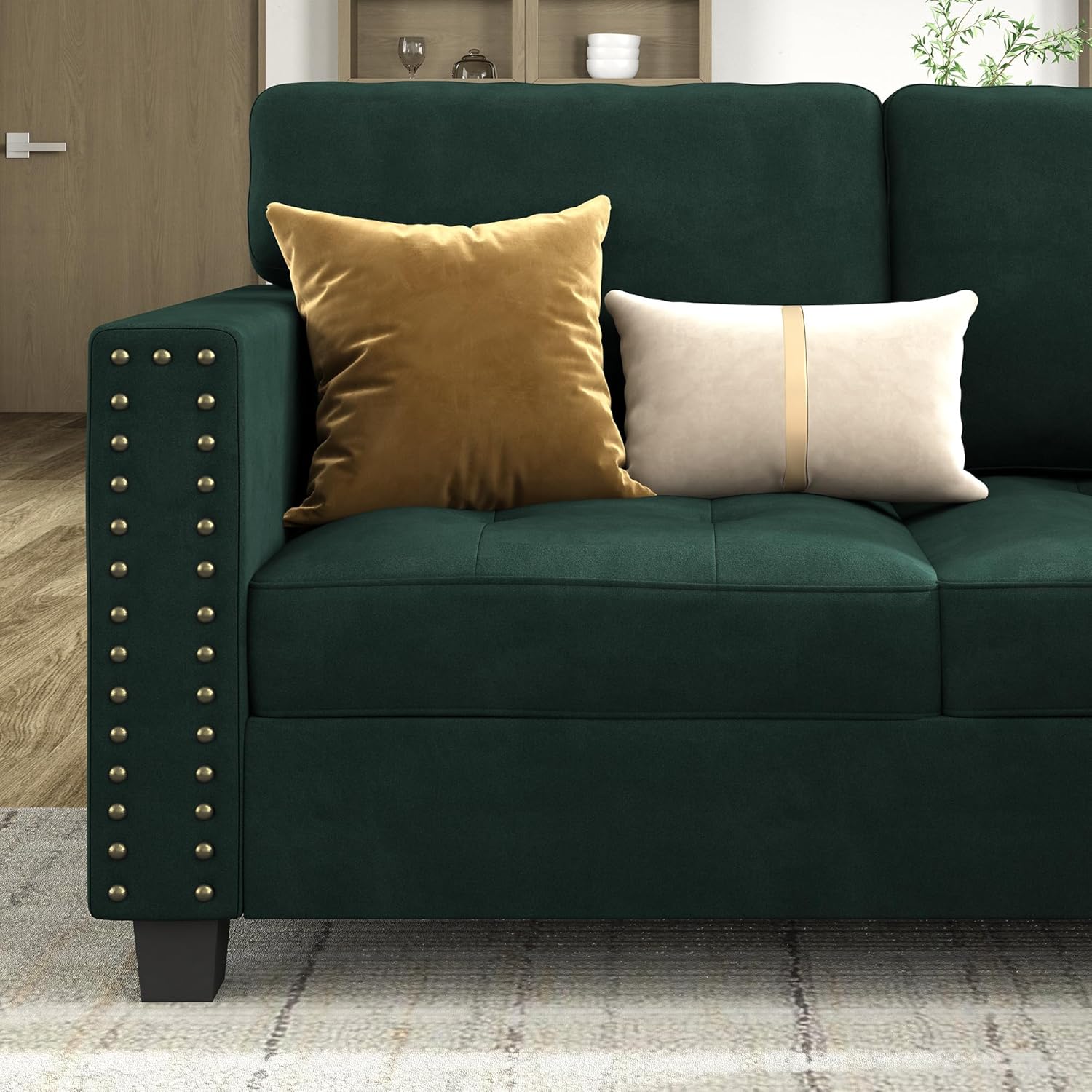 HONBAY Oversized Sectional Sofa, Convertible Modern Sectional Couch Velvet U Shaped Sofa Couch with Storage Ottoman Top Tray Sofa with Chaise, Green