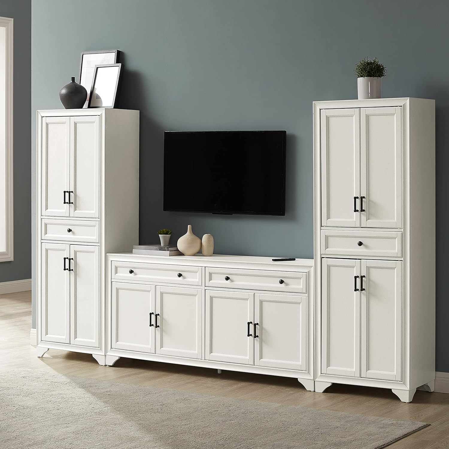 Crosley Furniture Tara 3-Piece Entertainment Set with Sideboard and 2 Storage Cabinets, Distressed White