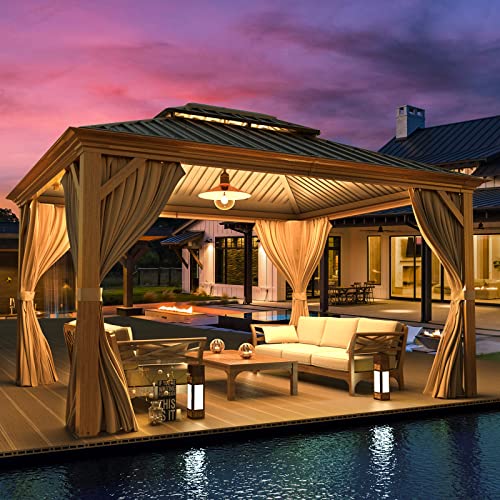 MELLCOM 12'x16' Hardtop Gazebo, Galvanized Steel Metal Double Roof Canopy with Curtains and Netting, Brown Permanent Pavilion Gazebos with Aluminum Frame for Garden, Patio, Lawns, Deck