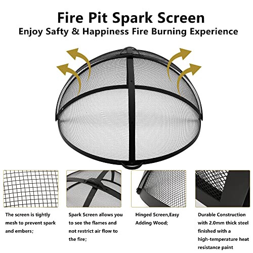 Outdoor Fire Pit Spark Screen Cover Accessory, 36In Patio Round Easy-Opening Fire Mesh Screen Guard, Heavy Duty Steel Firepit Ember Lid with Hinge