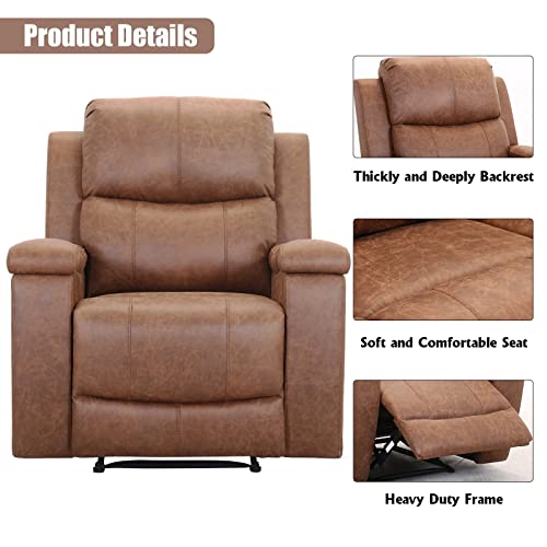 CANMOV Leather Recliner Chair, Classic and Traditional Manual Recliner Chair with Overstuffed Arms and Back, Manual Single Sofa with Concealed Cup Holders,Red Brown