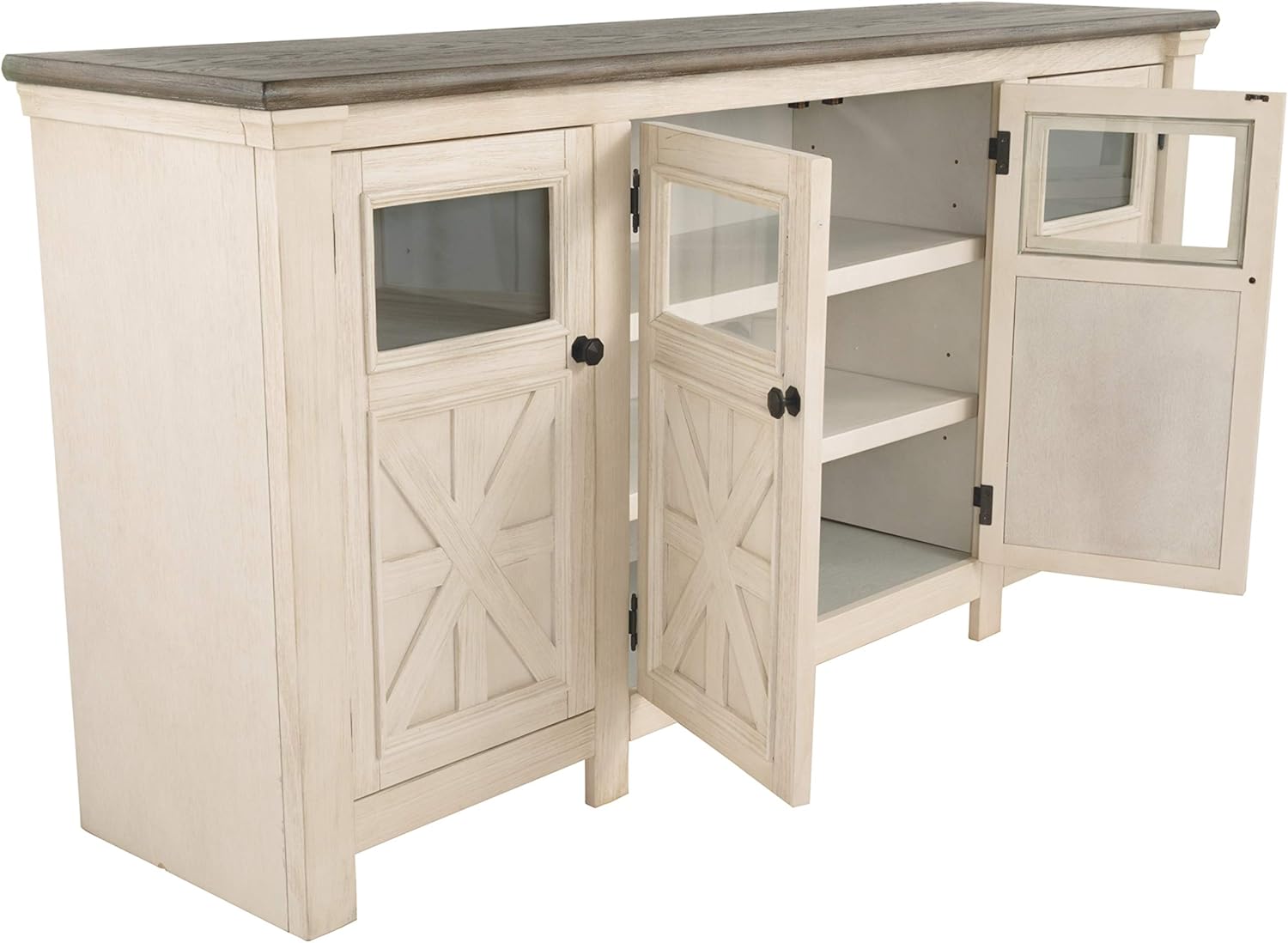 Signature Design by Ashley Bolanburg Two Tone Farmhouse TV Stand, Fits TVs up to 72, 3 Cabinets and Adjustable Storage Shelves, Whitewash