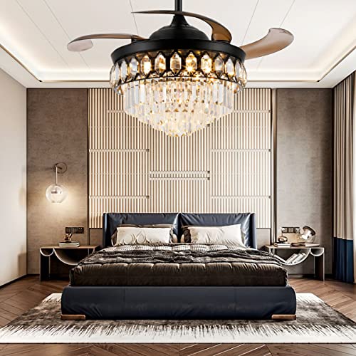 48" Black Chandelier Ceiling Fan with Lights and Remote Control Retractable Modern Fandelier Ceiling Fan with Light 6-Speed LED Dimmable Crystal Ceiling Fan Invisible for Bedroom Living Room