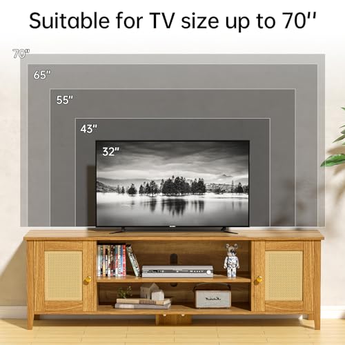 Rattan TV Stand for 65 70 inch TV Entertainment Center Wood TV Stands for Living Room with Storage, Mid Century Television Console for Bedroom