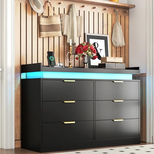 White Dresser with LED Lights, Wooden LED Dresser, 4 Drawer Chest with Charging Station, Tall Chest of Drawer Closet Organizer for Bedroom, Living Room, Entryway, Hallway