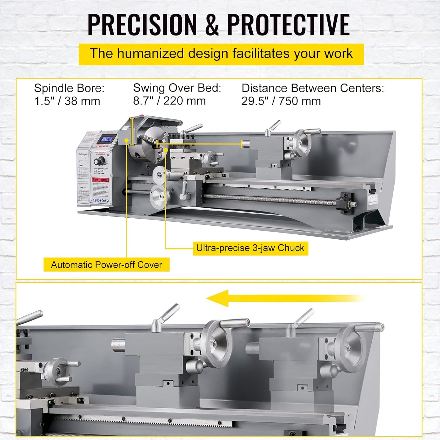 VEVOR Metal Lathe 8.7 x 29.5 Inch/220 x 750MM Mini Metal Lathe 750W Infinitely Variable Speed Mini Lathe Machine LED Screen for Counter Face Turning Driling
