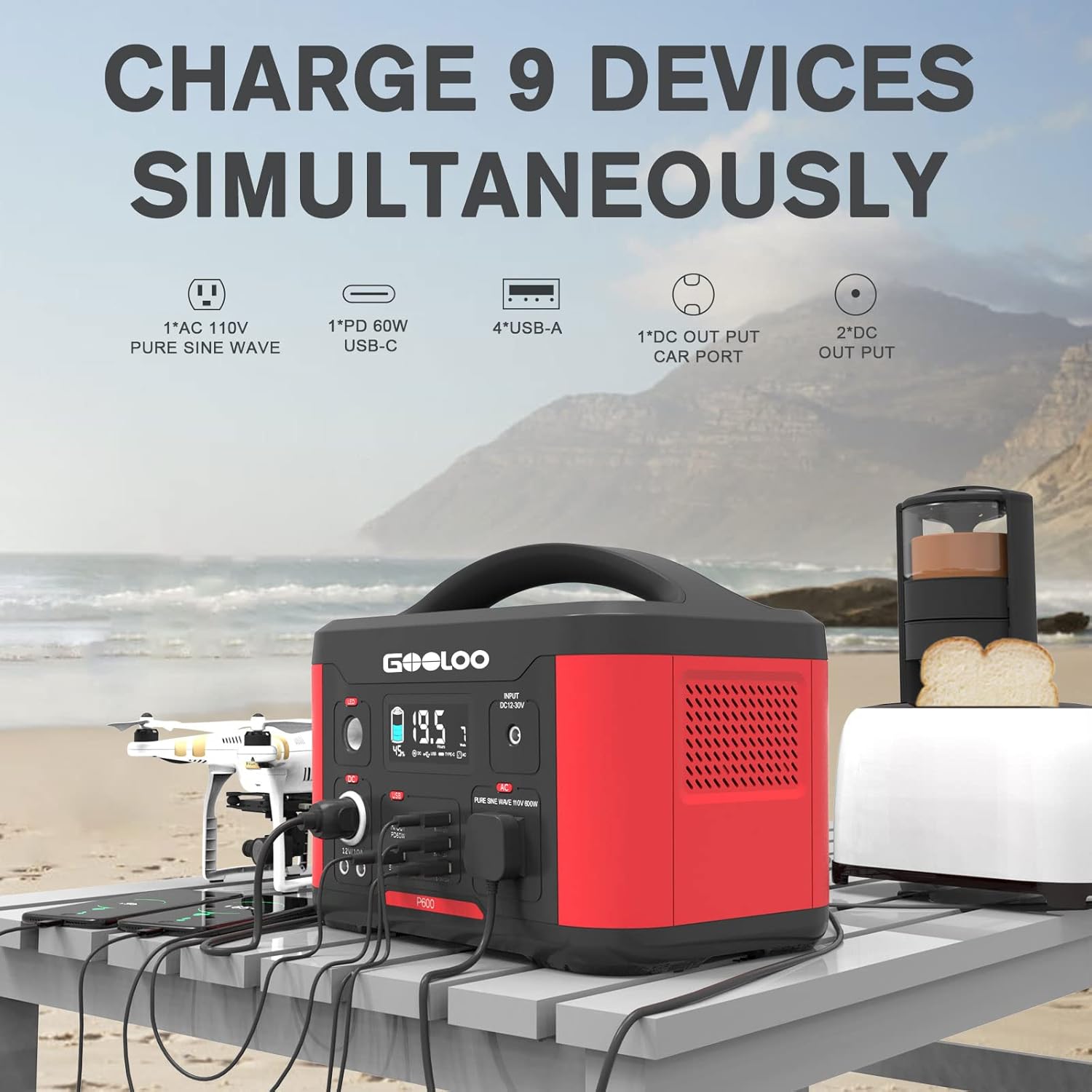 GOOLOO Portable Power Station P600, 626Wh Outdoor Generator with 110V/600W (Peak 1200W) AC Outlets & LED Flashlight, SuperSafe Backup Lithium Battery for Outdoor RV/Van Camping, Emergency