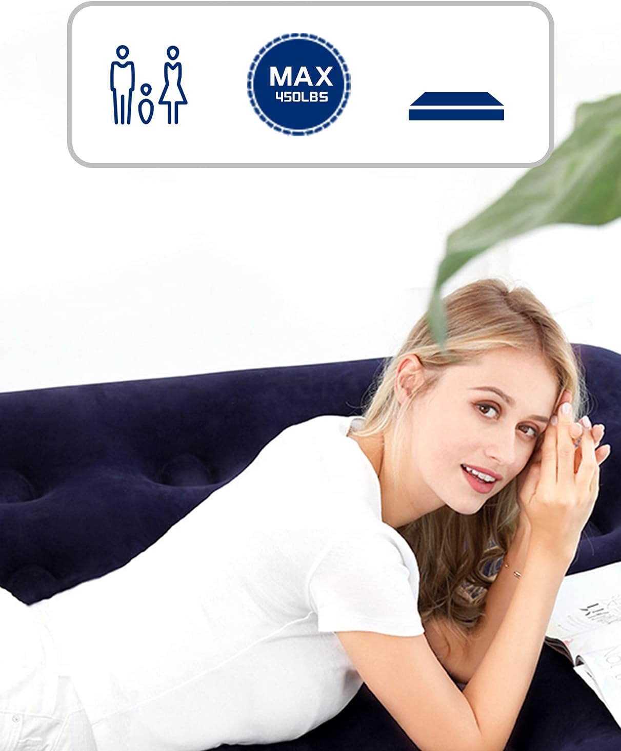 Single Size Air Mattress for Inflatable - Portable Blue Blow Up Mattresses with Flocked top - Foldable Air Bed for Tent Camping Home Travel Backpacking