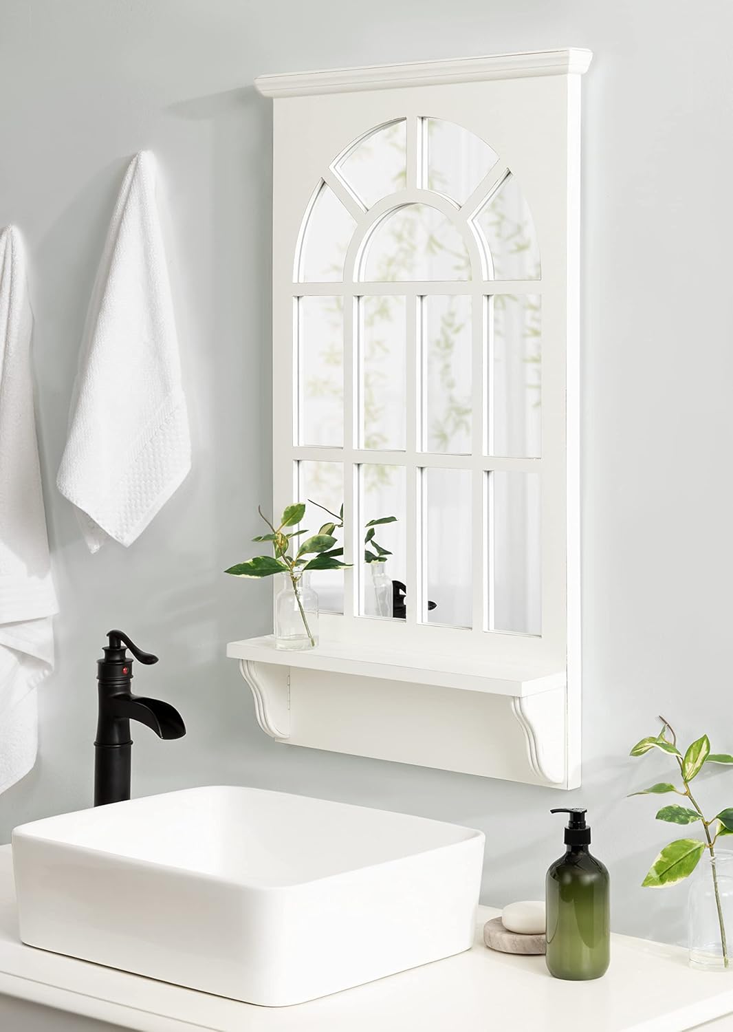 Kate and Laurel Wallhaus Traditional Arched Mirror with Shelf, 21 x 36, White, Coastal Decorative Wooden Window Mirror with Display Shelf for Use as Entryway Mirror Decor
