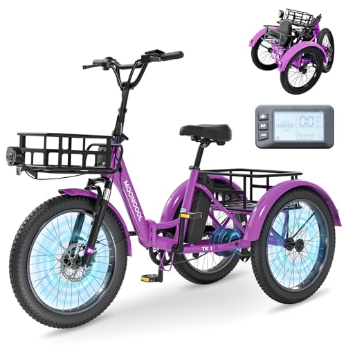 MOONCOOL Electric Tricycle for Adults, 500W/750W 48V 20" Folding Electric Trike Peak Power 1100W, 3 Wheels Electric Bicycle, Aluminum Frame Electric Tricycle with Large Basket and Removable Battery
