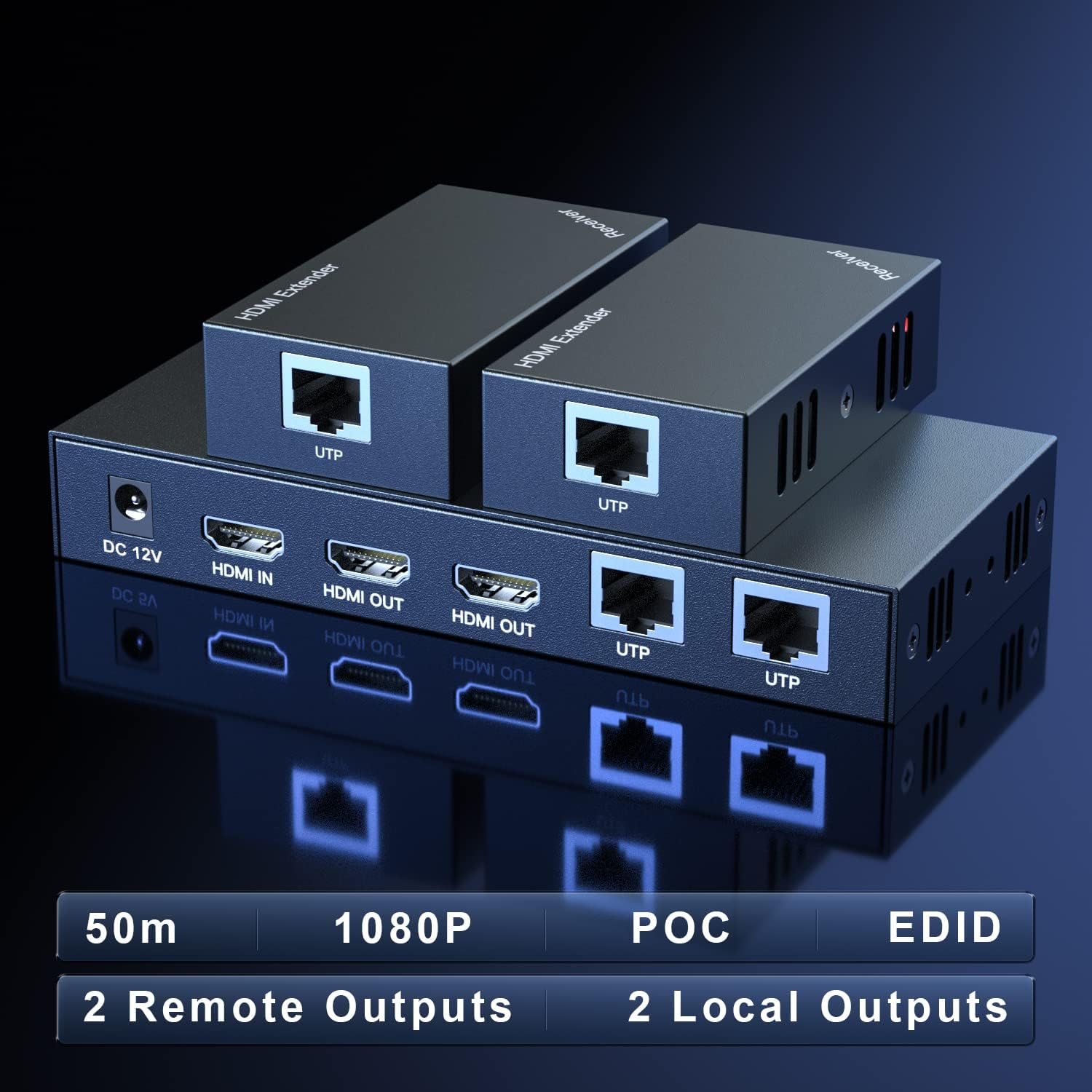 HDMI Extender Splitter 1x2 1080P@60Hz Over Cat 5E/6/7 Ethernet Cable 50m (165ft) Support 2 HDMI loopout EDID Copy POC Function (1 in 2 Out)