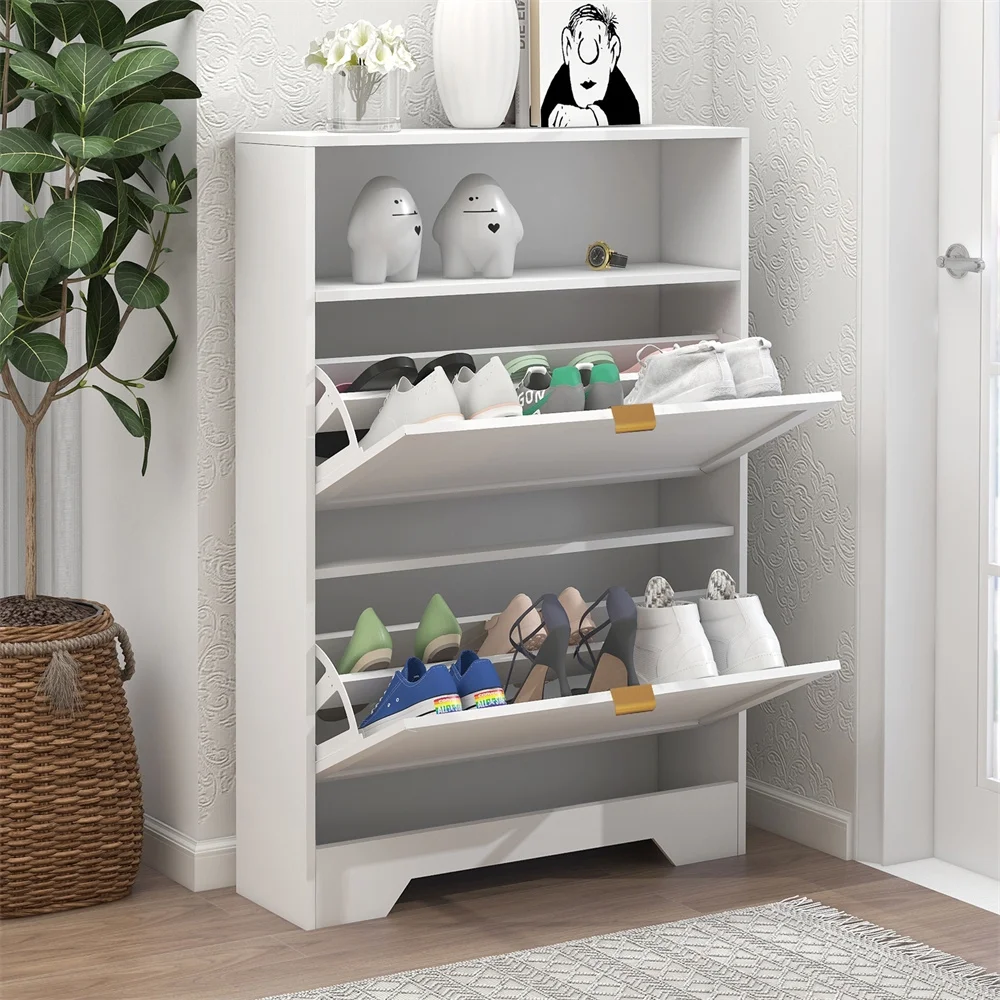 Shoe Cabinet For Entryway, Slim Shoe Storage Cabinet With 2 Flip Drawers And Open Shelf, 3-Tier Wooden Shoe Rack Cabinet For Hallway Apartment - Curated Treasures Market