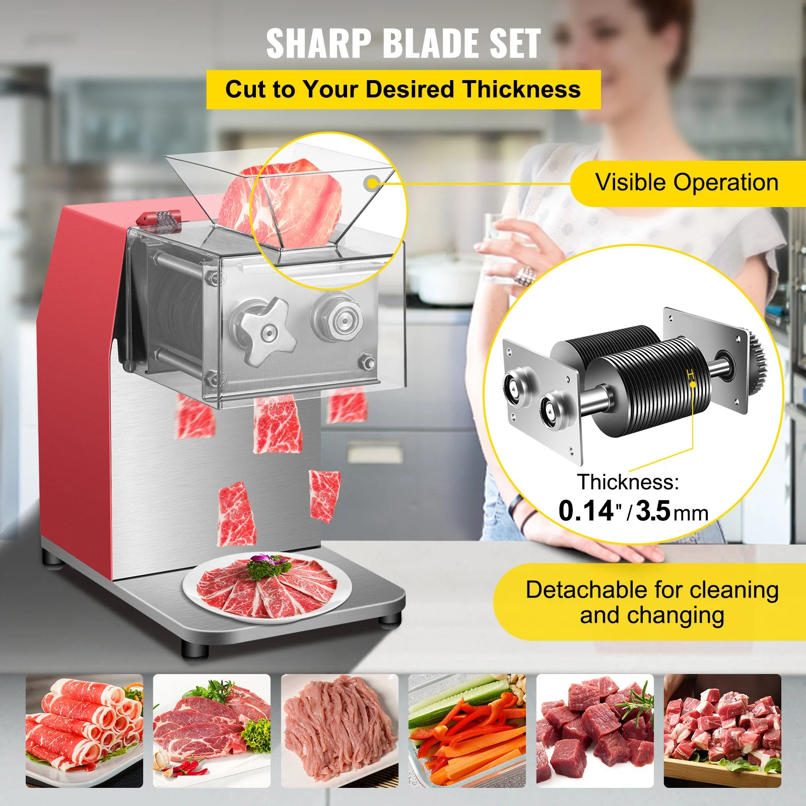 VEVOR 850W Commercial Meat Cutter, 551 Lbs/H Capacity with 3.5mm Blade, Electric Stainless Steel Food Cutter for Lamb, Beef, Chicken - Ideal for Kitchens & Supermarkets, Red