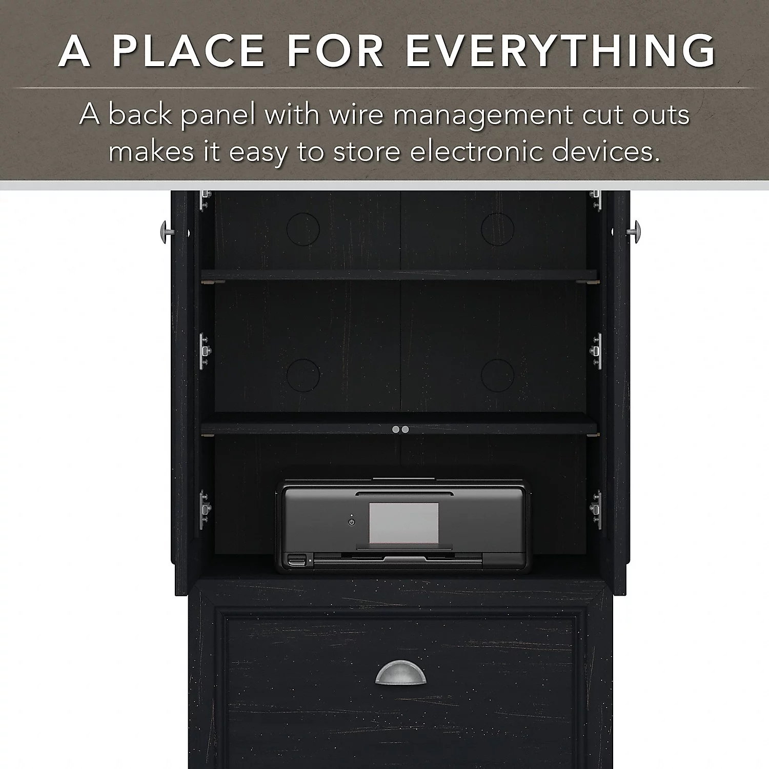 Fairview L Shaped Desk with Hutch and Storage Set in Black - Engineered Wood