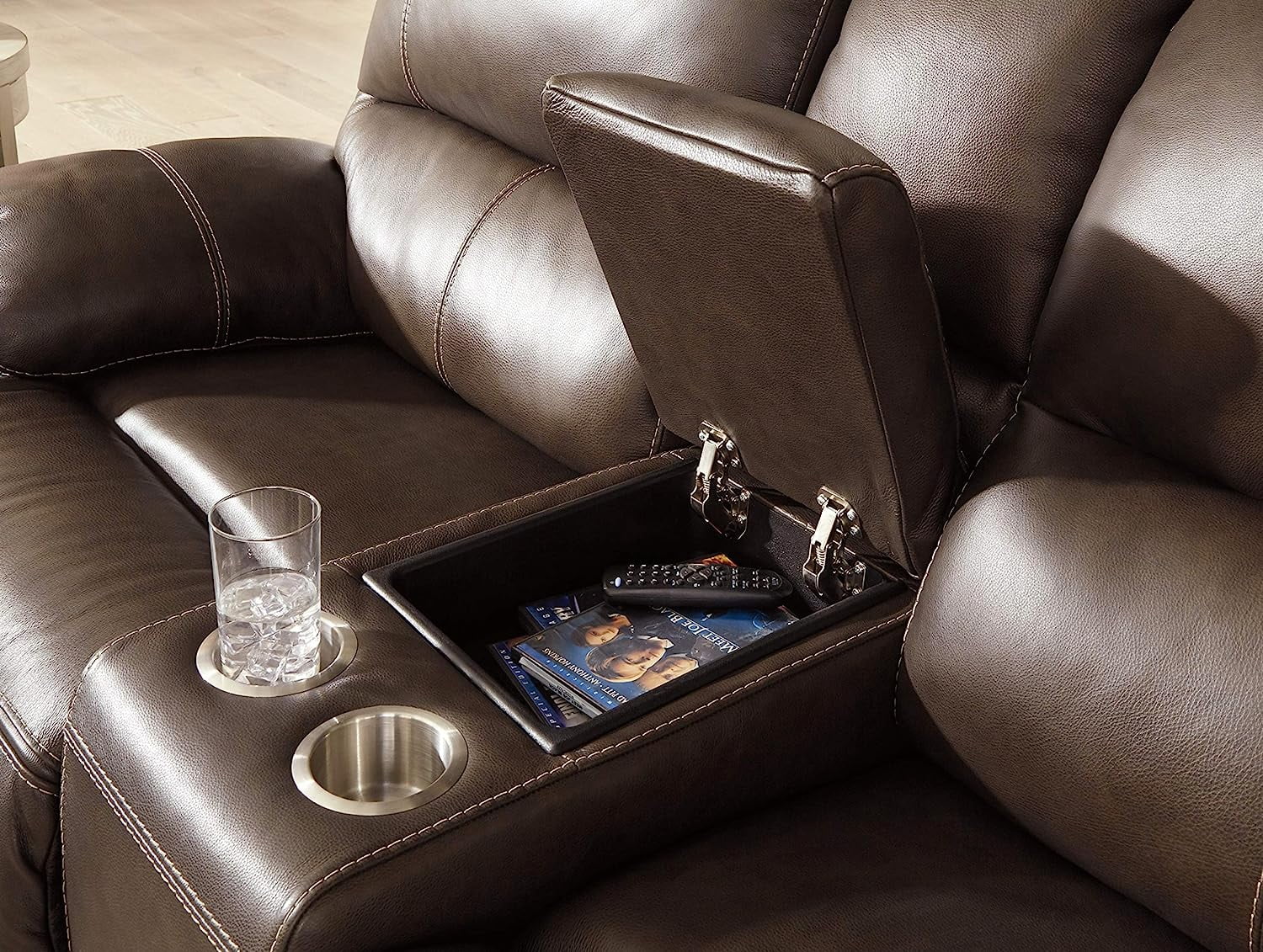 Ashley Furniture Ricmen Leather Power Reclining Loveseat in Walnut