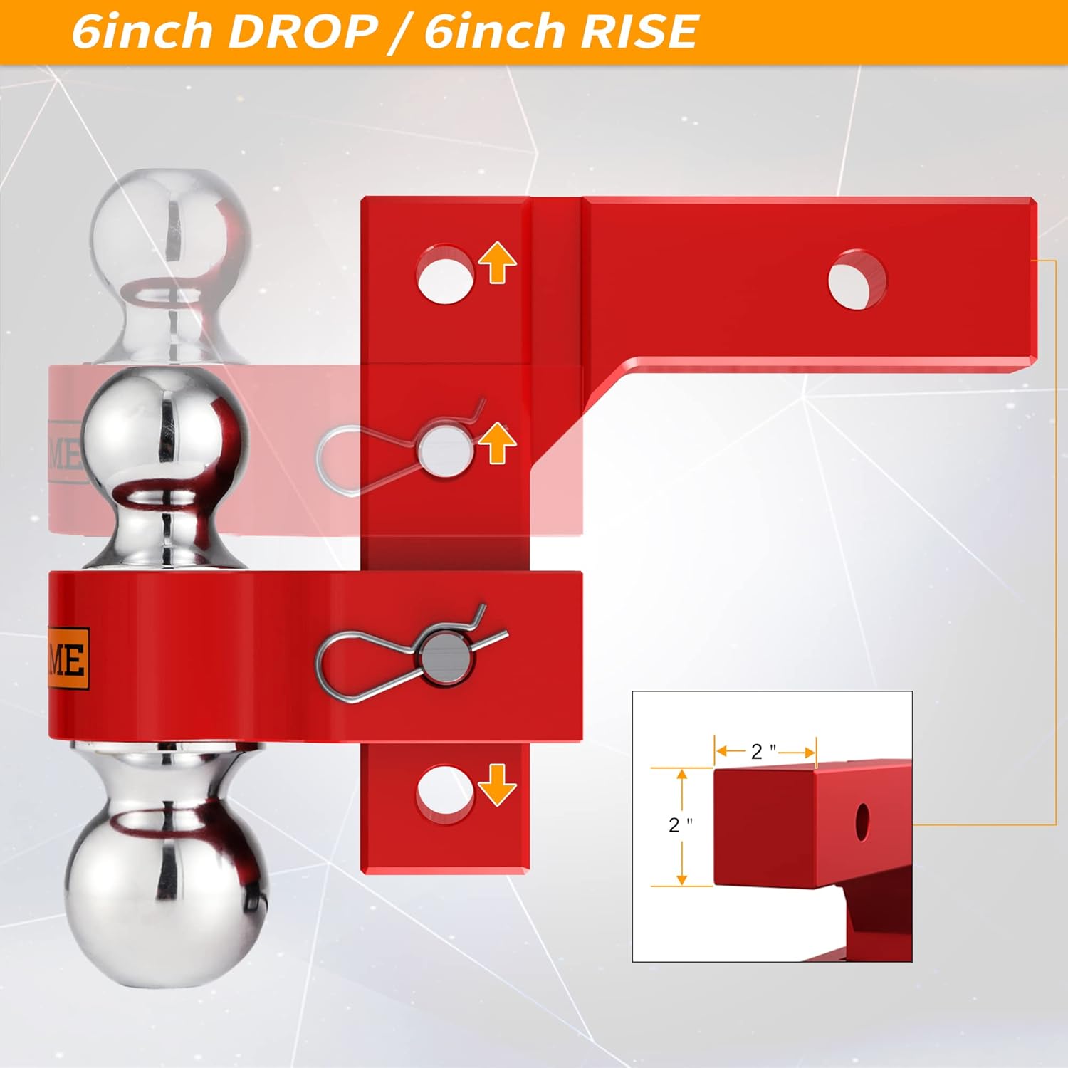LOCAME Adjustable Trailer Hitch, Fits 2-Inch Receiver, 6-Inch Drop/Rise Aluminum Drop Hitch, Tow Hitch for Heavy Duty Truck with Double Stainless Steel Pins, Red, LC0001