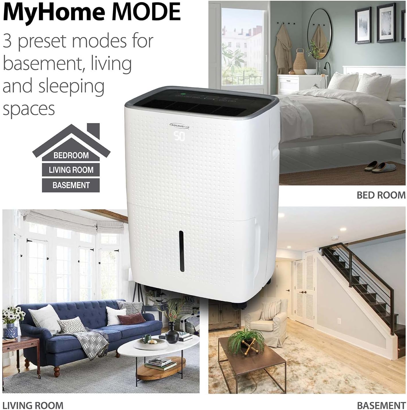 Soleus Air Energy Star Rated 50 Pint (Former 70 Pint) Dehumidifier for Up to 4,500 Sq Ft, Overheat Prevention Safety Sensors, Easiest To Operate with MyHome Programming, Mirage Display